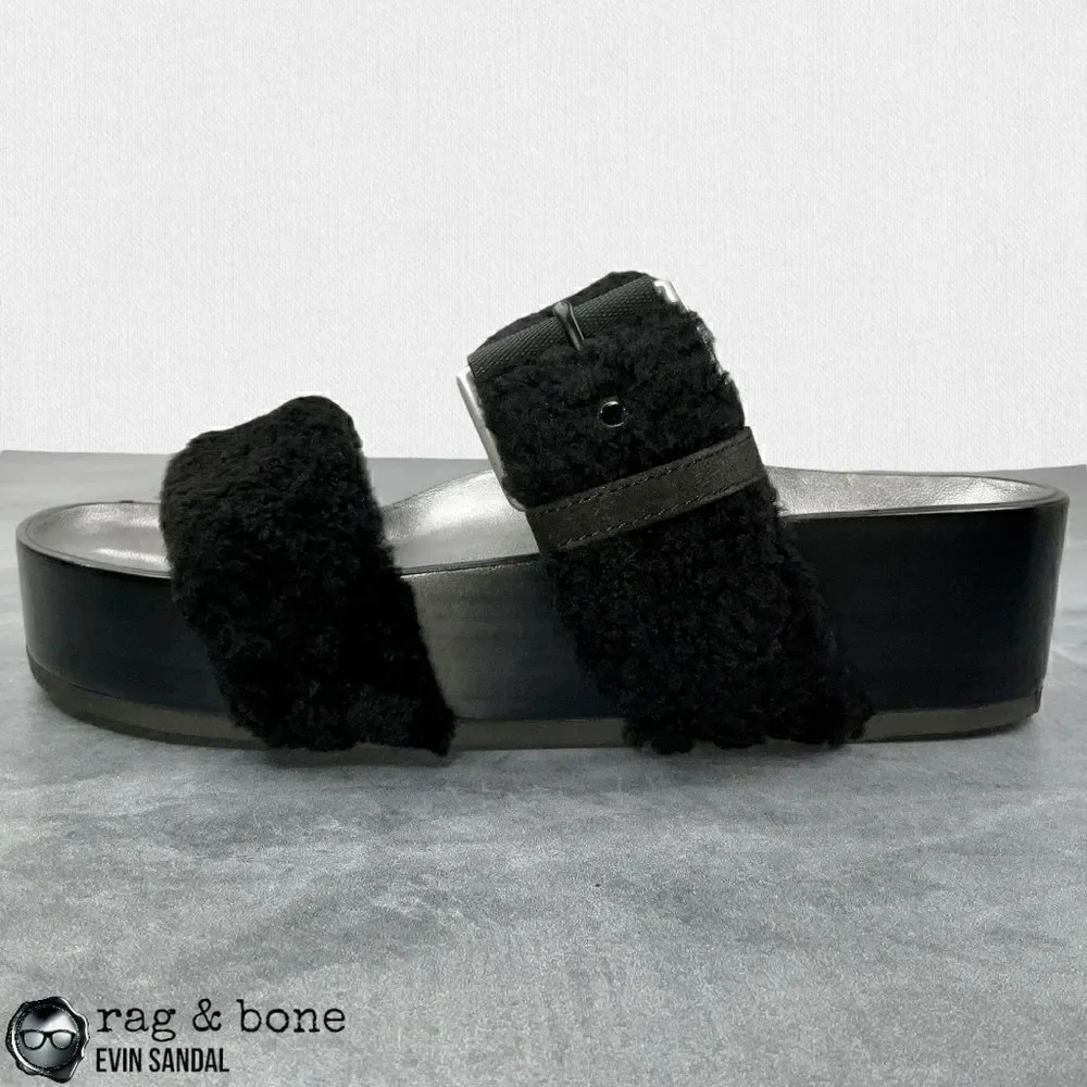 RAG & BONE EVIN GENUINE SHEARLING PLATFORM SLIDE SANDAL IN BLACK US SIZE 6 EU 36